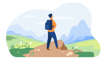 Active tourist hiking in mountain