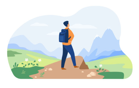 Active tourist hiking in mountain